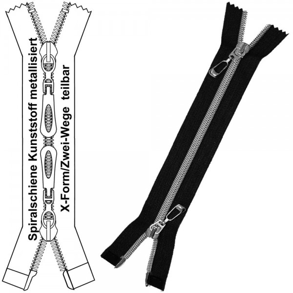 Reißverschluss für Jacken / Mäntel - 6 mm metallisierte Spiralschiene (Kunststoff) - X-Form/2-Wege -