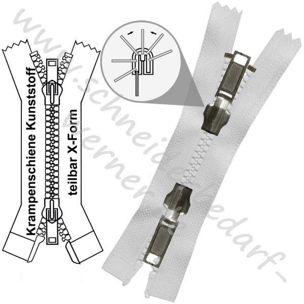 6 mm - 2-Wege-Wende-Reißverschluss (Krampenschiene (Kunststoff)) - X-Form - Teilbar