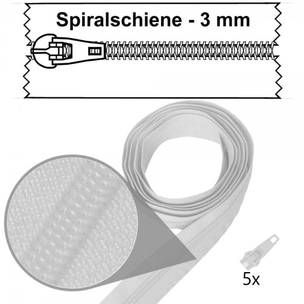 2 Meter - 3 mm Spiralschiene Reißverschluss (Meterware) mit 5 Schiebern (nicht aufgezogen)