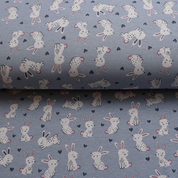 Alpenfleece Stoff (Kuschelsweat) "Hoppelhäschen / Hasenversammlung"