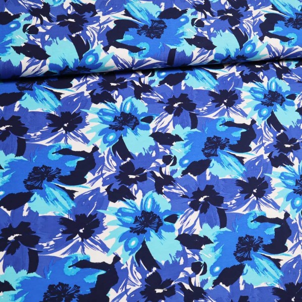 Viskosejersey Stoff (mit Elasthan) "Blumen-Aquarell in weiß/türkis/blau (extra breit/180 cm)"