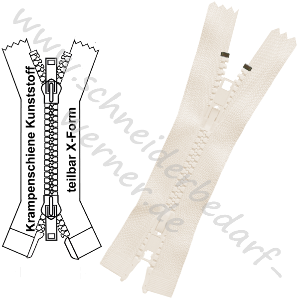 6 mm - Reißverschluss Krampenschiene (Kunststoff) - X-Form/2-Wege - Teilbar