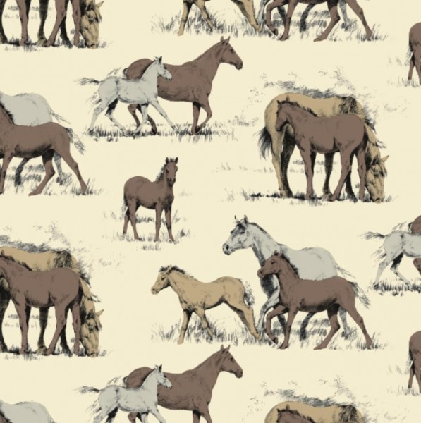 Baumwolle Cretonne Stoff "Pferde in der Natur"