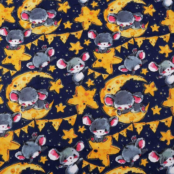 Baumwolle Popeline Stoff "Mäuse erobern den Sternenhimmel"